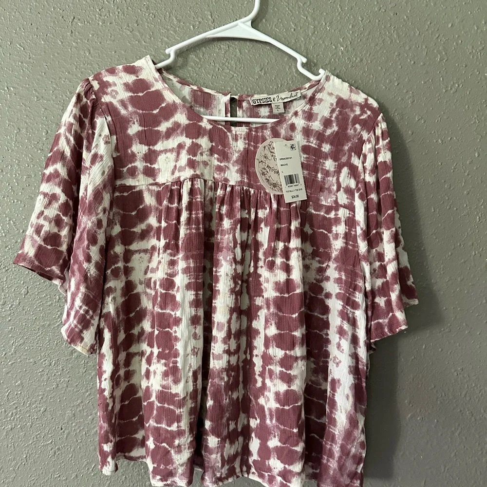 Womens Gypsies & Moondust Tie-dye Top Blouse Boho Shirt Size L Pink & White NWT - Picture 1 of 10